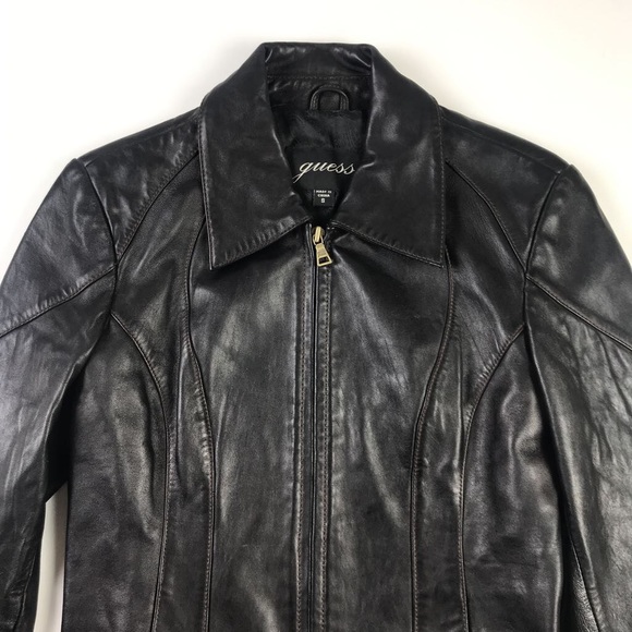 GUESS Womens Leather Jacket Black Zip Up S - Picture 3 of 6